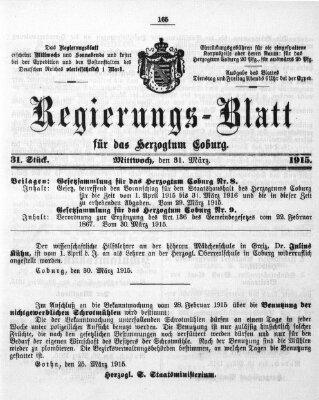 Regierungs-Blatt für das Herzogtum Coburg (Coburger Regierungs-Blatt) Mittwoch 31. März 1915