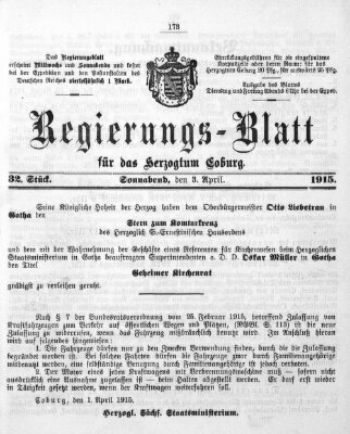 Regierungs-Blatt für das Herzogtum Coburg (Coburger Regierungs-Blatt) Samstag 3. April 1915