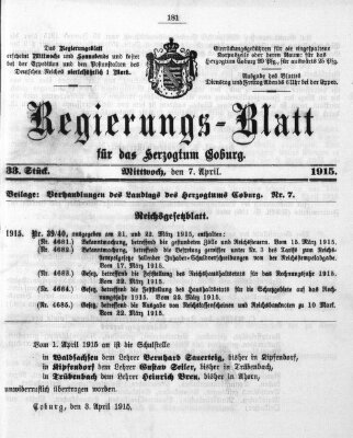 Regierungs-Blatt für das Herzogtum Coburg (Coburger Regierungs-Blatt) Mittwoch 7. April 1915