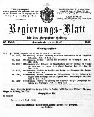 Regierungs-Blatt für das Herzogtum Coburg (Coburger Regierungs-Blatt) Samstag 10. April 1915