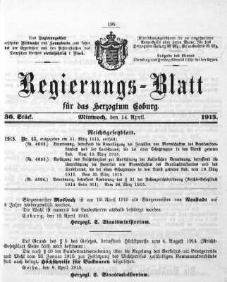 Regierungs-Blatt für das Herzogtum Coburg (Coburger Regierungs-Blatt) Mittwoch 14. April 1915