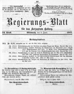 Regierungs-Blatt für das Herzogtum Coburg (Coburger Regierungs-Blatt) Mittwoch 2. Juni 1915