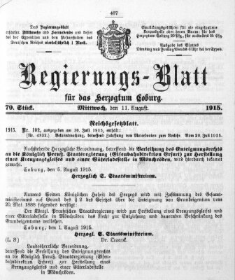 Regierungs-Blatt für das Herzogtum Coburg (Coburger Regierungs-Blatt) Mittwoch 11. August 1915