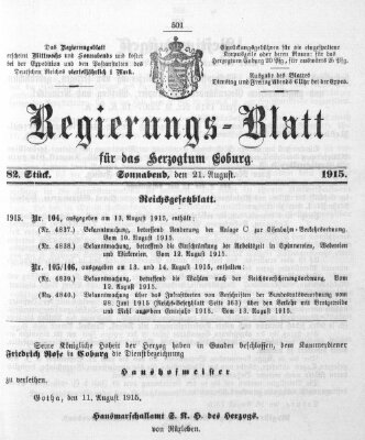 Regierungs-Blatt für das Herzogtum Coburg (Coburger Regierungs-Blatt) Samstag 21. August 1915