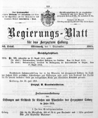 Regierungs-Blatt für das Herzogtum Coburg (Coburger Regierungs-Blatt) Mittwoch 1. September 1915