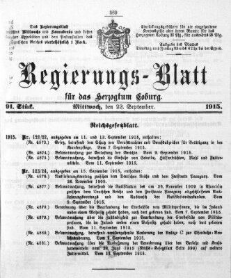 Regierungs-Blatt für das Herzogtum Coburg (Coburger Regierungs-Blatt) Mittwoch 22. September 1915