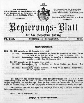 Regierungs-Blatt für das Herzogtum Coburg (Coburger Regierungs-Blatt) Mittwoch 29. September 1915