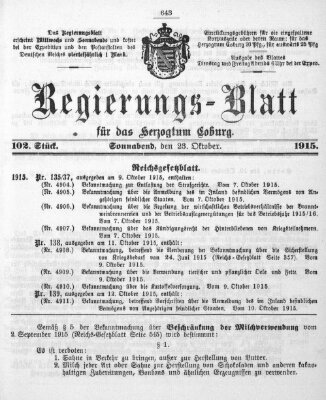 Regierungs-Blatt für das Herzogtum Coburg (Coburger Regierungs-Blatt) Samstag 23. Oktober 1915