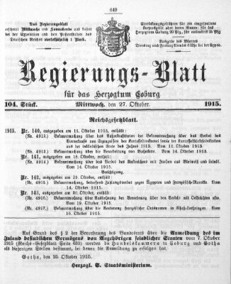 Regierungs-Blatt für das Herzogtum Coburg (Coburger Regierungs-Blatt) Mittwoch 27. Oktober 1915