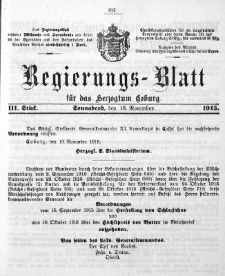 Regierungs-Blatt für das Herzogtum Coburg (Coburger Regierungs-Blatt) Samstag 13. November 1915