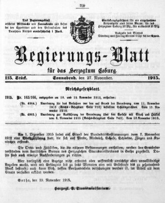 Regierungs-Blatt für das Herzogtum Coburg (Coburger Regierungs-Blatt) Samstag 27. November 1915