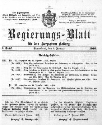 Regierungs-Blatt für das Herzogtum Coburg (Coburger Regierungs-Blatt) Samstag 8. Januar 1916