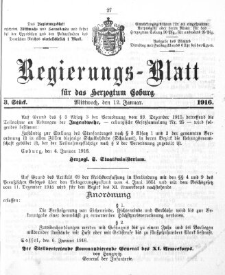 Regierungs-Blatt für das Herzogtum Coburg (Coburger Regierungs-Blatt) Mittwoch 12. Januar 1916