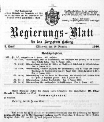 Regierungs-Blatt für das Herzogtum Coburg (Coburger Regierungs-Blatt) Mittwoch 19. Januar 1916