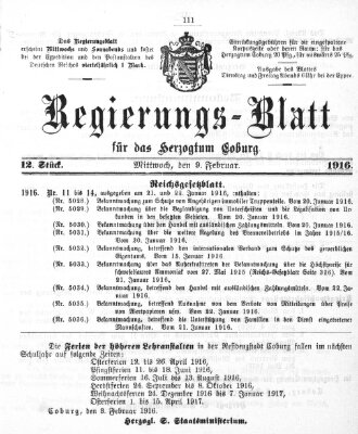 Regierungs-Blatt für das Herzogtum Coburg (Coburger Regierungs-Blatt) Mittwoch 9. Februar 1916