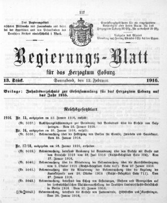 Regierungs-Blatt für das Herzogtum Coburg (Coburger Regierungs-Blatt) Samstag 12. Februar 1916