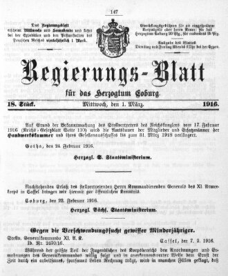 Regierungs-Blatt für das Herzogtum Coburg (Coburger Regierungs-Blatt) Mittwoch 1. März 1916