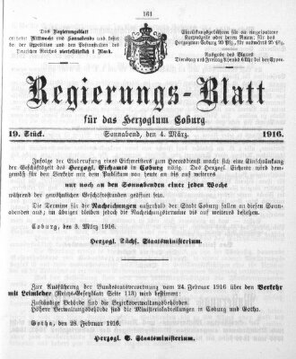 Regierungs-Blatt für das Herzogtum Coburg (Coburger Regierungs-Blatt) Samstag 4. März 1916