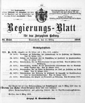 Regierungs-Blatt für das Herzogtum Coburg (Coburger Regierungs-Blatt) Samstag 11. März 1916