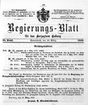 Regierungs-Blatt für das Herzogtum Coburg (Coburger Regierungs-Blatt) Samstag 18. März 1916