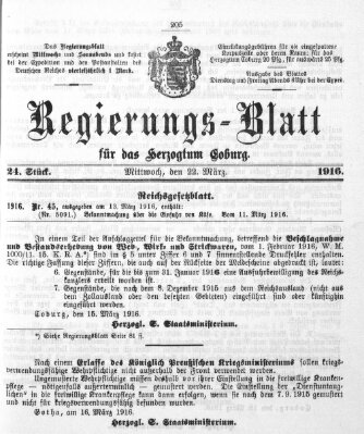 Regierungs-Blatt für das Herzogtum Coburg (Coburger Regierungs-Blatt) Mittwoch 22. März 1916