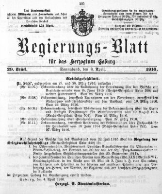 Regierungs-Blatt für das Herzogtum Coburg (Coburger Regierungs-Blatt) Samstag 8. April 1916