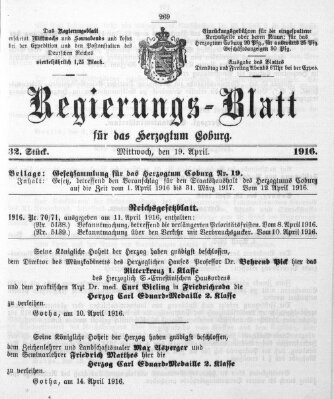 Regierungs-Blatt für das Herzogtum Coburg (Coburger Regierungs-Blatt) Mittwoch 19. April 1916