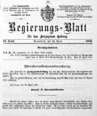 Regierungs-Blatt für das Herzogtum Coburg (Coburger Regierungs-Blatt) Samstag 22. April 1916