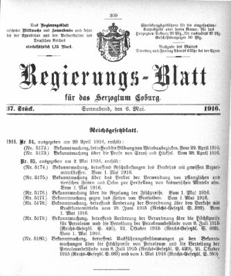 Regierungs-Blatt für das Herzogtum Coburg (Coburger Regierungs-Blatt) Samstag 6. Mai 1916