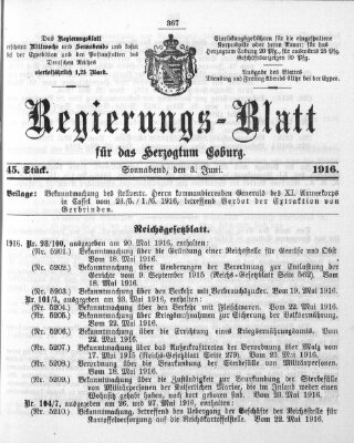 Regierungs-Blatt für das Herzogtum Coburg (Coburger Regierungs-Blatt) Freitag 9. Juni 1916