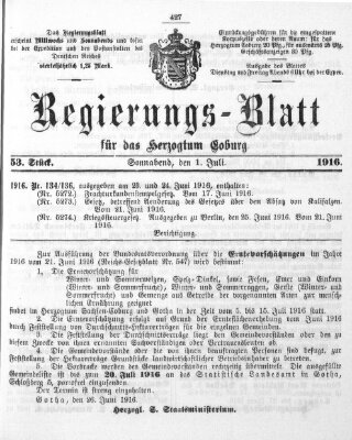 Regierungs-Blatt für das Herzogtum Coburg (Coburger Regierungs-Blatt) Samstag 1. Juli 1916