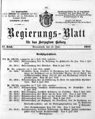 Regierungs-Blatt für das Herzogtum Coburg (Coburger Regierungs-Blatt) Samstag 15. Juli 1916