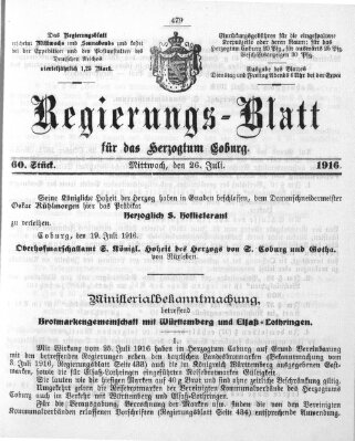 Regierungs-Blatt für das Herzogtum Coburg (Coburger Regierungs-Blatt) Mittwoch 26. Juli 1916