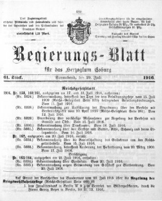 Regierungs-Blatt für das Herzogtum Coburg (Coburger Regierungs-Blatt) Samstag 29. Juli 1916