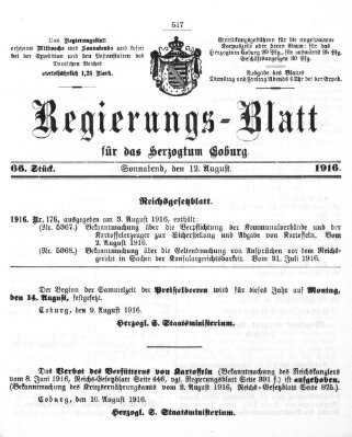 Regierungs-Blatt für das Herzogtum Coburg (Coburger Regierungs-Blatt) Samstag 12. August 1916