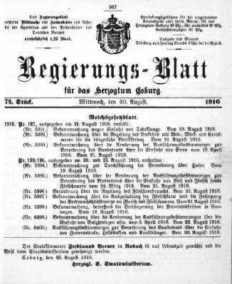 Regierungs-Blatt für das Herzogtum Coburg (Coburger Regierungs-Blatt) Mittwoch 30. August 1916