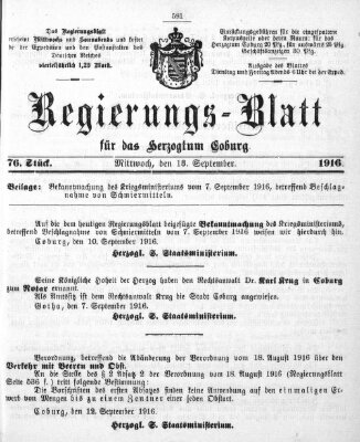 Regierungs-Blatt für das Herzogtum Coburg (Coburger Regierungs-Blatt) Montag 18. September 1916