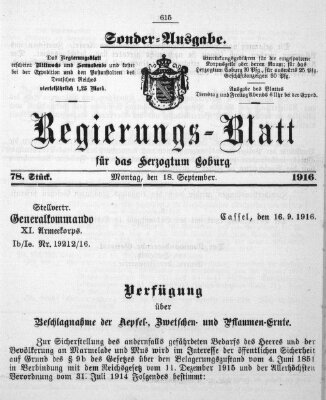 Regierungs-Blatt für das Herzogtum Coburg (Coburger Regierungs-Blatt) Montag 18. September 1916