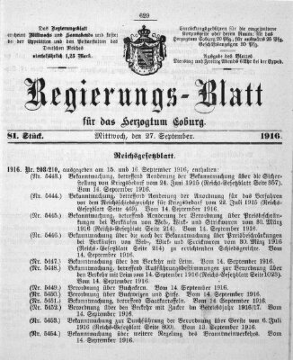 Regierungs-Blatt für das Herzogtum Coburg (Coburger Regierungs-Blatt) Mittwoch 27. September 1916