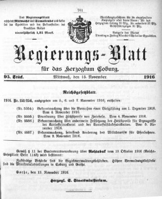 Regierungs-Blatt für das Herzogtum Coburg (Coburger Regierungs-Blatt) Mittwoch 15. November 1916