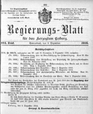 Regierungs-Blatt für das Herzogtum Coburg (Coburger Regierungs-Blatt) Samstag 9. Dezember 1916