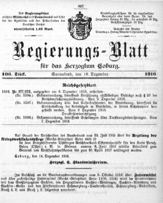 Regierungs-Blatt für das Herzogtum Coburg (Coburger Regierungs-Blatt) Samstag 16. Dezember 1916