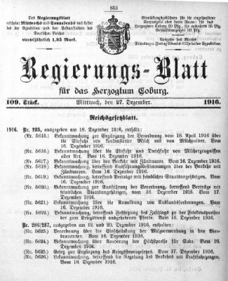 Regierungs-Blatt für das Herzogtum Coburg (Coburger Regierungs-Blatt) Mittwoch 27. Dezember 1916