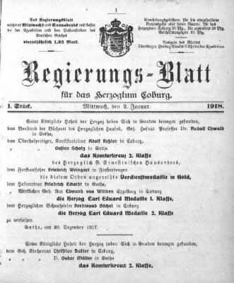 Regierungs-Blatt für das Herzogtum Coburg (Coburger Regierungs-Blatt) Mittwoch 2. Januar 1918