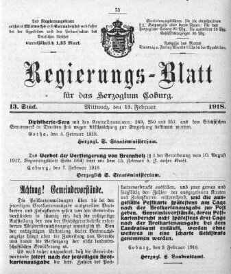 Regierungs-Blatt für das Herzogtum Coburg (Coburger Regierungs-Blatt) Mittwoch 13. Februar 1918