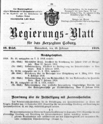 Regierungs-Blatt für das Herzogtum Coburg (Coburger Regierungs-Blatt) Samstag 23. Februar 1918