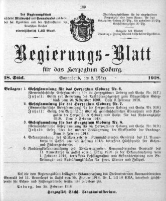 Regierungs-Blatt für das Herzogtum Coburg (Coburger Regierungs-Blatt) Samstag 2. März 1918