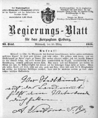 Regierungs-Blatt für das Herzogtum Coburg (Coburger Regierungs-Blatt) Mittwoch 20. März 1918