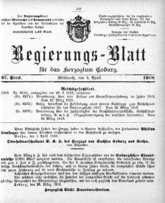 Regierungs-Blatt für das Herzogtum Coburg (Coburger Regierungs-Blatt) Mittwoch 3. April 1918