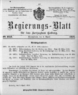 Regierungs-Blatt für das Herzogtum Coburg (Coburger Regierungs-Blatt) Samstag 6. April 1918